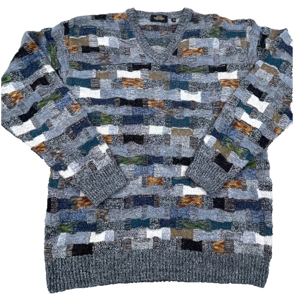 Vintage Grandpa Sweater Men Medium Gray Textured 3D Knit Multi Cosby Wool